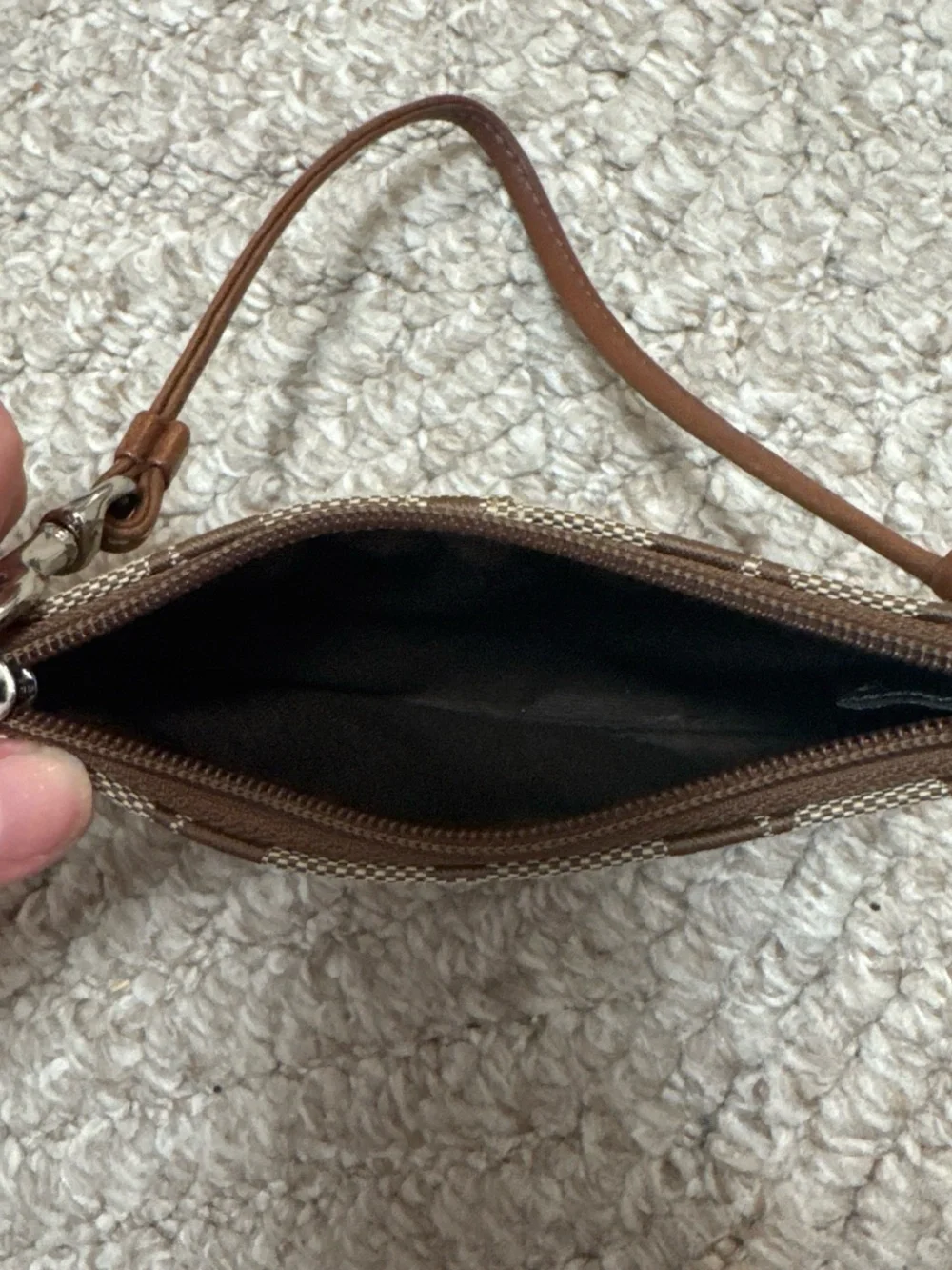 Coach Signature Canvas Wristlet Wallet Pouch Khaki Brown Zip Clutch EUC